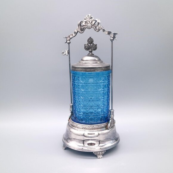 Antique Victorian Fancy Ornate Pickle Castor Blue Glass Meriden Pickle Cruet - Picture 4 of 8